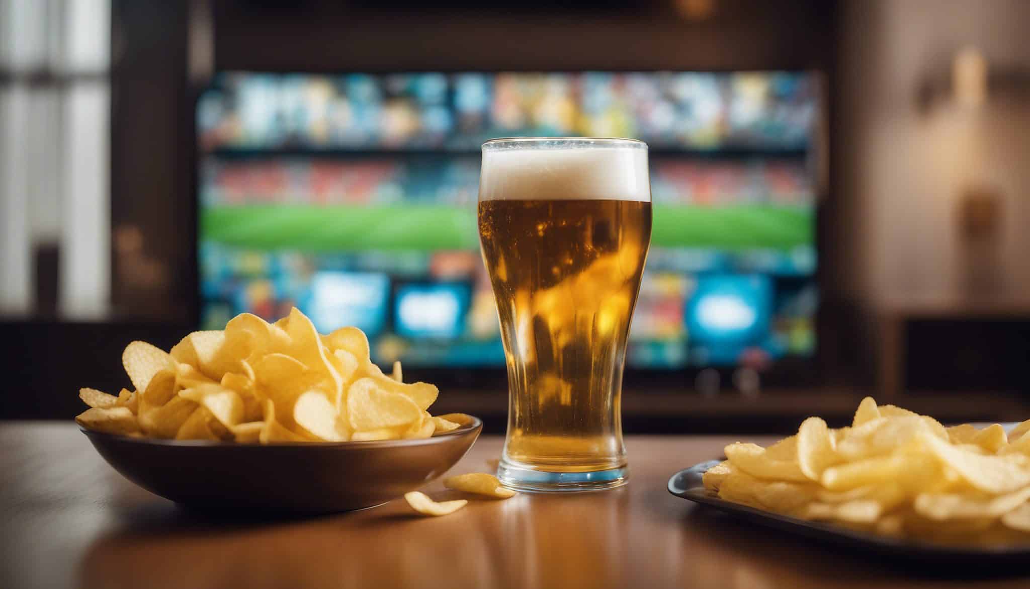 Pint, snacks and a tv in a garden bar