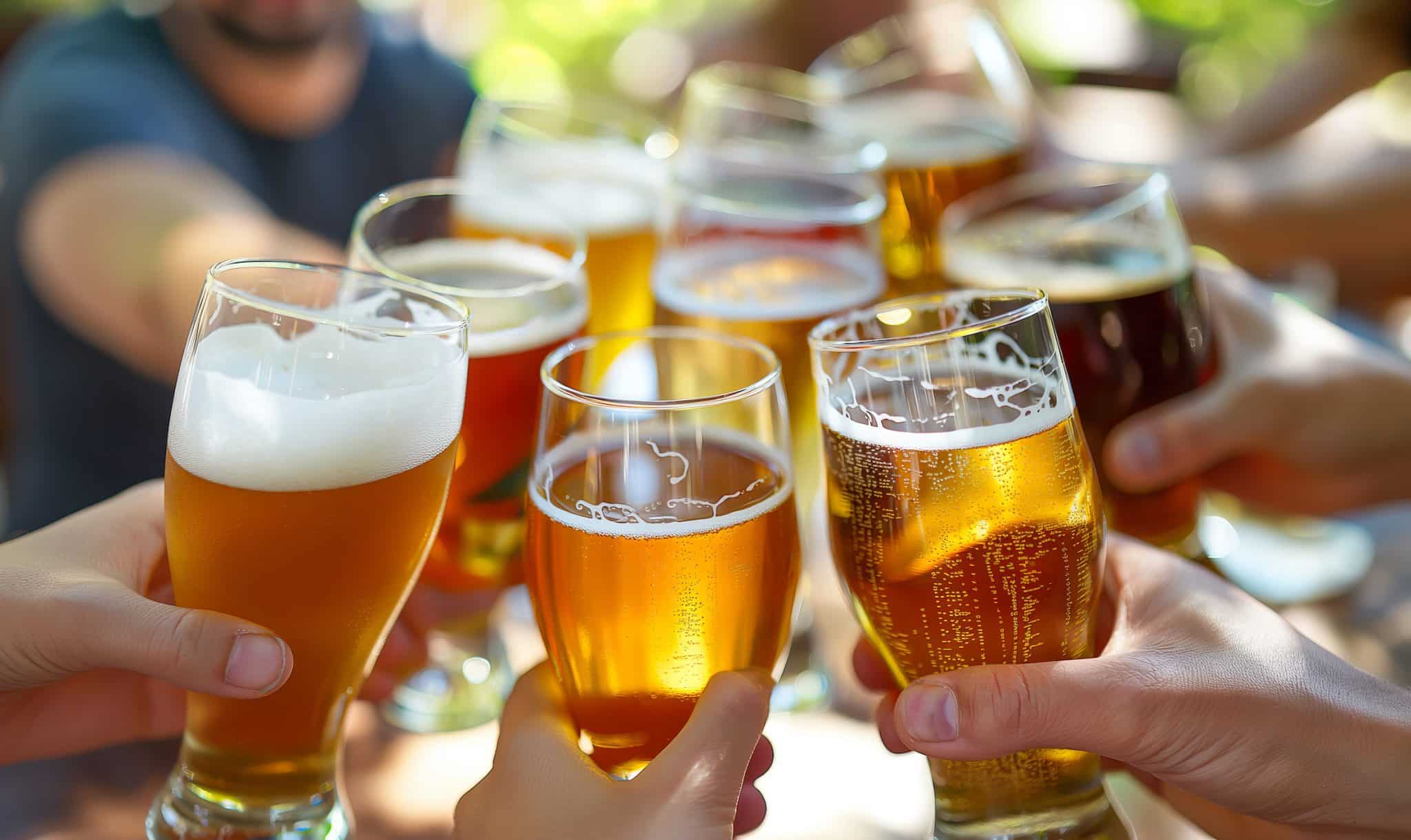 A group of friends toasting with glasses filled with various types of beers